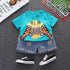 Round neck coin short sleeve suit boys' casual denim shorts two piece set
